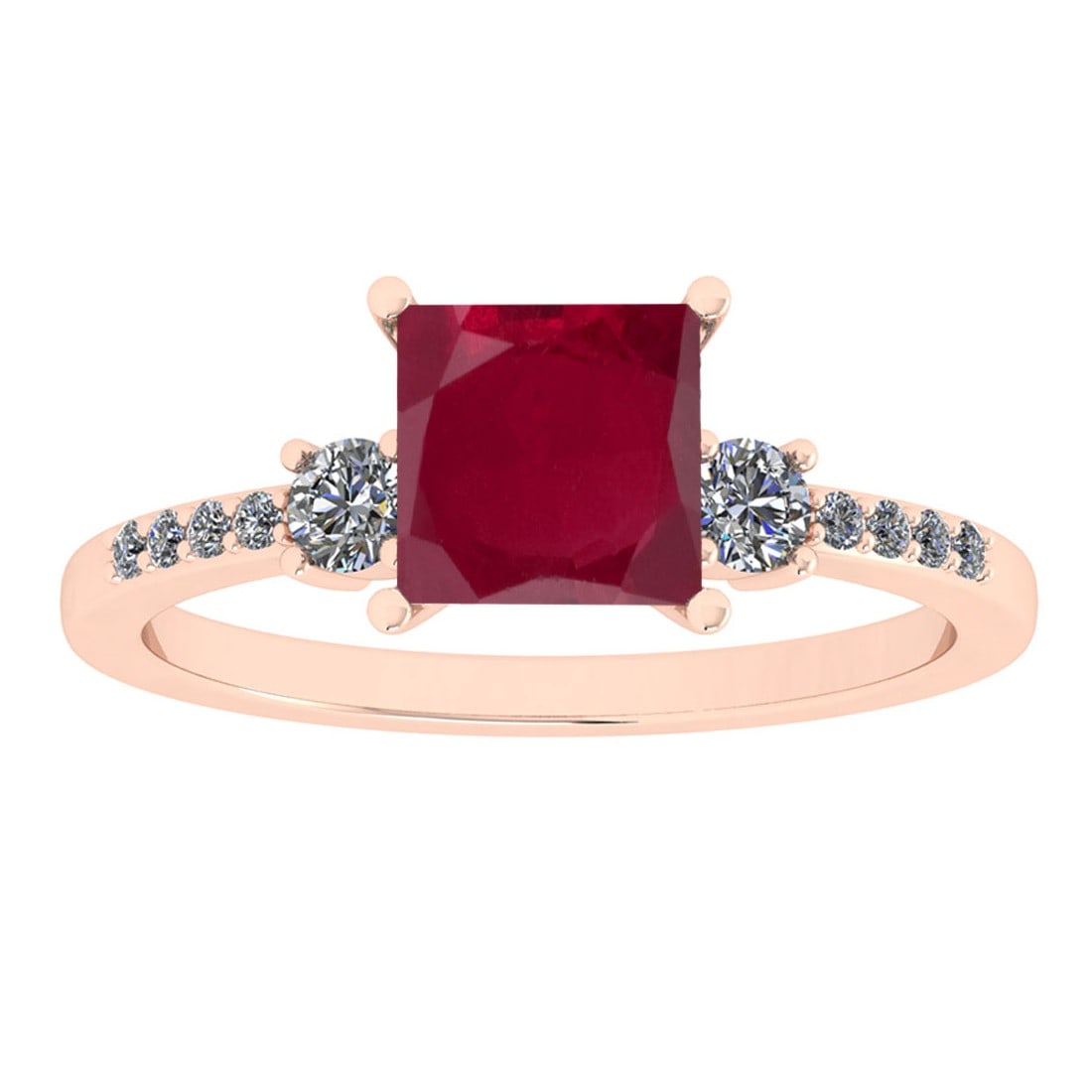 1.53 Ctw VS/SI1 Ruby And Diamond 14K Rose Gold Cocktail Ring: Center Stone Weight : 1.25 Ctw ( Princess Cut ) Center Stone Color : Ruby Stone Setting : Prong Side Diamond Weight Of Ctw 0.28 Ctw Side Stone Color : J-K Stone Clarity : VS/SI1 Stone Setting : Prong
