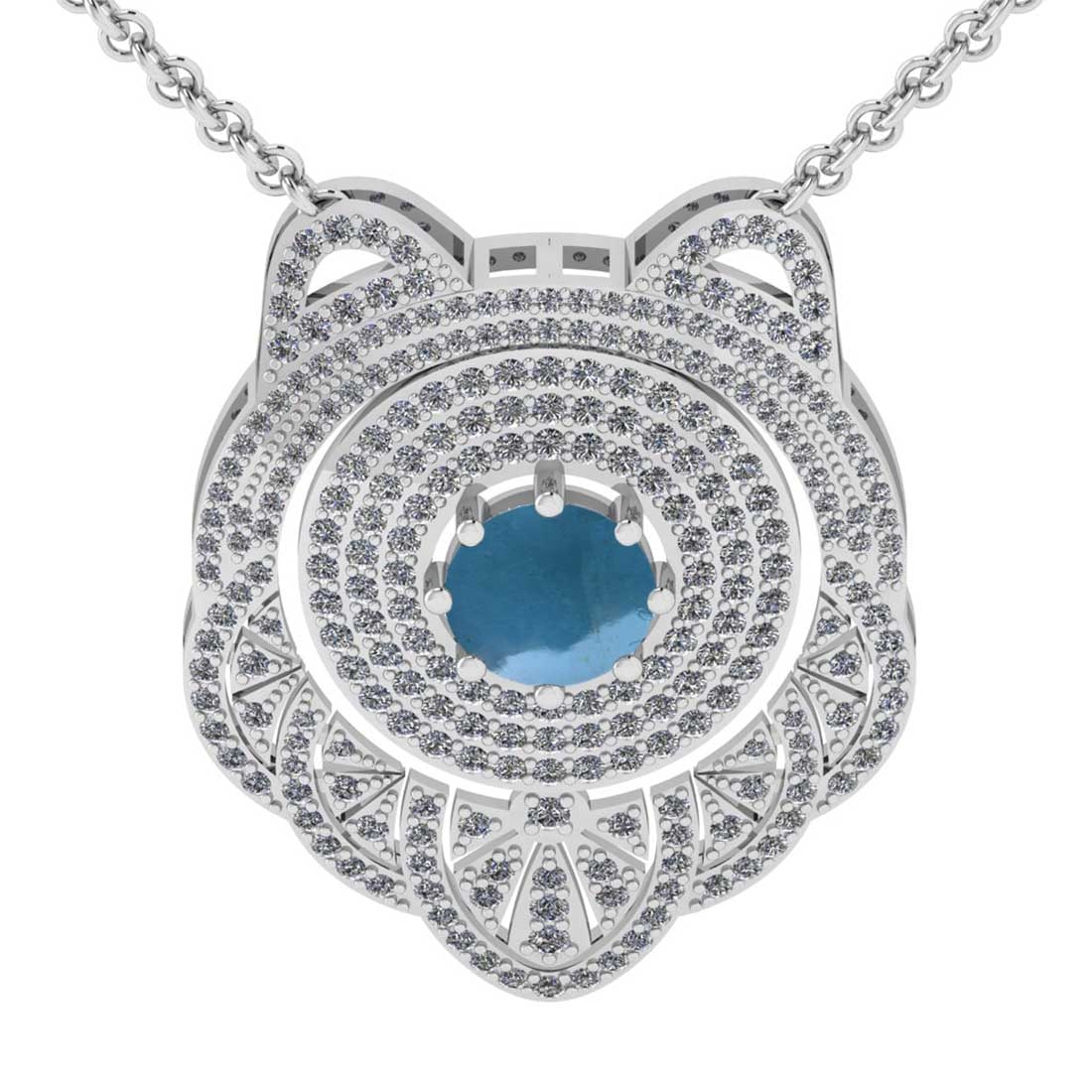 6.03 Ctw SI2/I1 Aquamarine And Diamond 14K White Gold Necklace: Center Stone Weight : 4.00 Ctw (Round cabochon ) Center Stone Color : Aquamarine Stone Setting : Prong Side Stone Weight Of Ctw 2.03 Ctw Side Stone Color : G-H Stone Clarity : SI2/I1 Stone Setting : P
