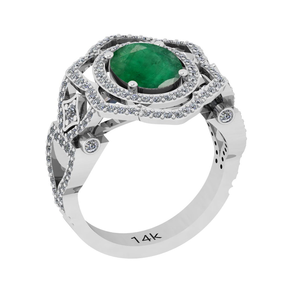 3.78 Ctw VS/SI1 Emerald And Diamond 18K White Gold Vintage Style Ring: Color Stone Weight : 3.00 Ctw (Oval Cut ) Center Stone Color : Emerald Center Stone Setting : Prong Side Stone Weight Of Ctw 0.78 Ctw Side Stone Color : J-K Stone Clarity : VS/SI1 Stone Setting : Pron