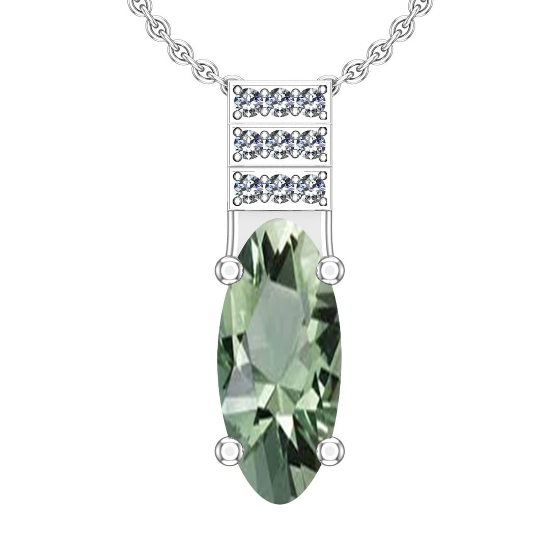Certified 22.67 Ctw I2/I3 Green Amethyst And Diamond 14K White Gold Pendant: Color Stone Approx Weight: 21.77 Ctw (Oval Cut) Center Stone Color: Green Amethyst Center Stone Setting: Prong Side Stone 0.90 Ctw Side Stone Color: J-K Stone Clarity: I2/I3 Stone Setting: Prong Metal