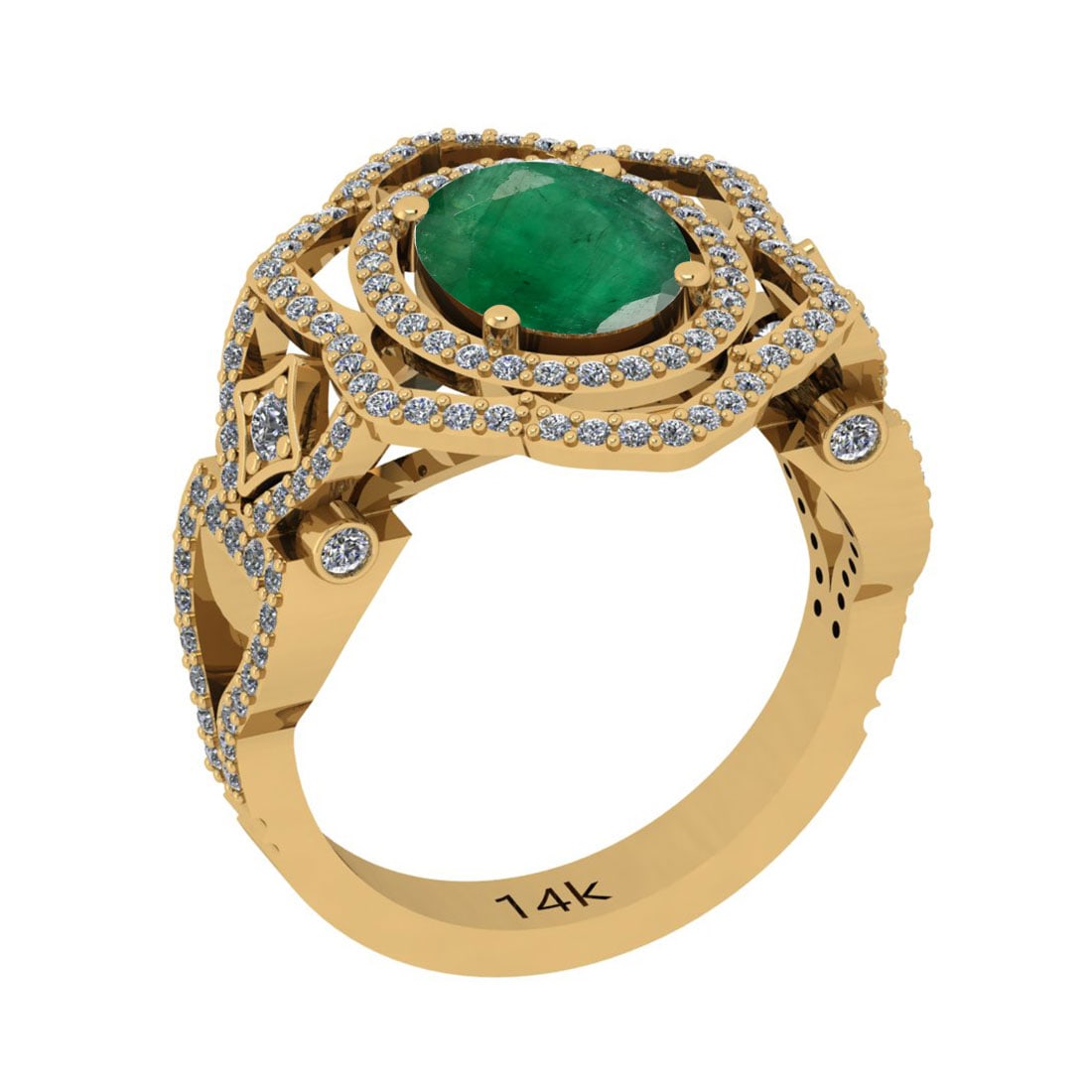 3.78 Ctw VS/SI1 Emerald And Diamond 18K Yellow Gold Vintage Style Ring: Color Stone Weight : 3.00 Ctw (Oval Cut ) Center Stone Color : Emerald Center Stone Setting : Prong Side Stone Weight Of Ctw 0.78 Ctw Side Stone Color : J-K Stone Clarity : VS/SI1 Stone Setting : Pron