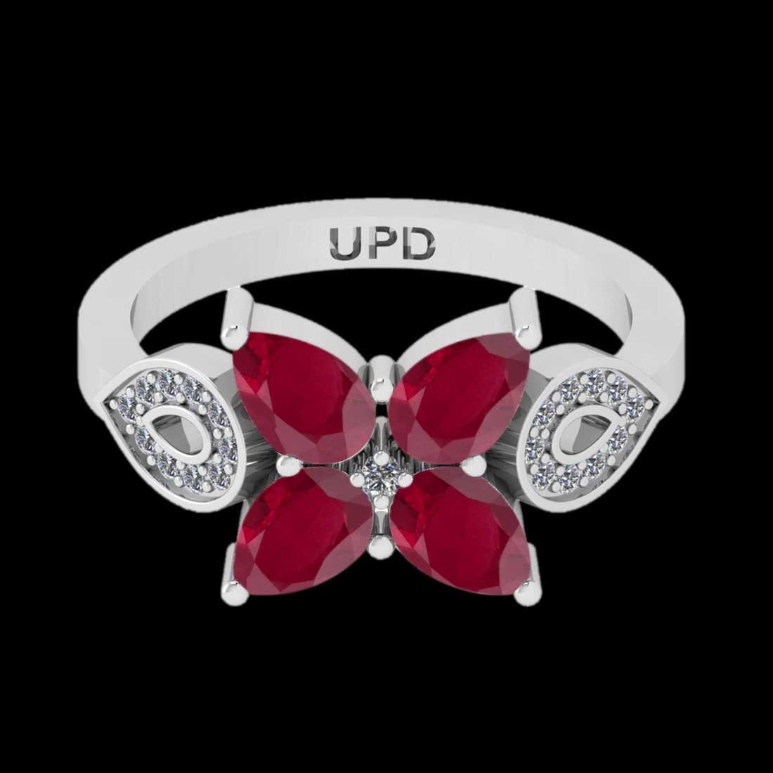 2.13 Ctw VS/SI1 Ruby And Diamond Prong Set 14K White Gold Vintage Style Rin: Center Stone Weight : 2.00 Ctw ( Pear Cut) Center stone Color :- Ruby Center Stone Setting : Prong Side Stone Weight Of Ctw 0.13 Ctw Side Stone Color : J-K Stone Clarity :VS/SI1 Stone Setting : Prong