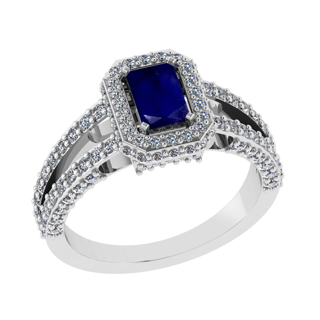 1.90 Ctw I2/I3 Blue Sapphire and Diamond 14K White Gold Engagement Ring: Center Stone Weight : 0.50 Ctw ( Emerald Cut) Center stone color : Blue Sapphire Setting : Prong Side Diamond Weight Of Ctw 1.40 Ctw Color : J-K Clarity : I2/I3 Stone Setting : Prong Metal Weight : Ap