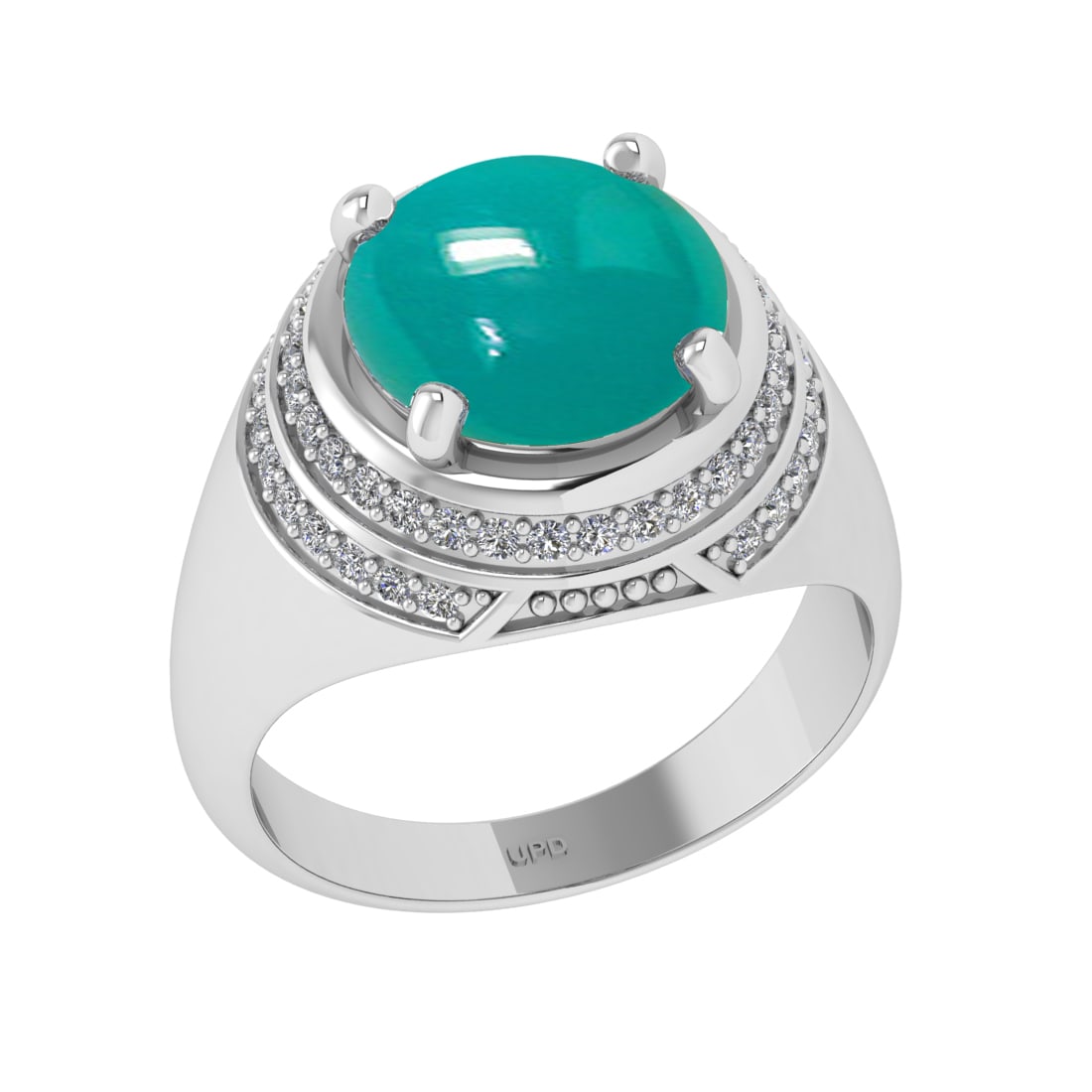 4.42 Ctw VS/SI1 Emerald and Diamond 14K White Gold Engagement Ring: Color Stone Weight : 4.01 Ctw (Round Cab) Stone Color :- Emerald Center Stone Setting : Prong Side Weight Of Ctw 0.41 Ctw Color : J-K Clarity : VS/SI1 Stone Setting : Prong Metal Weight : Approx