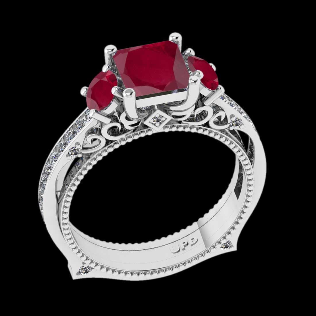 1.96 Ctw VS/SI1 Ruby And Diamond Prong Set 14K White Gold Engagement Filigr: Center Stone Weight : 1.30 Ctw ( Round & Princess Cut) Center stone Color :- Ruby Center Stone Setting : Prong Side Stone Weight Of Ctw 0.66 Ctw Side Stone Color : J-K Stone Clarity :VS/SI1 Stone Sett