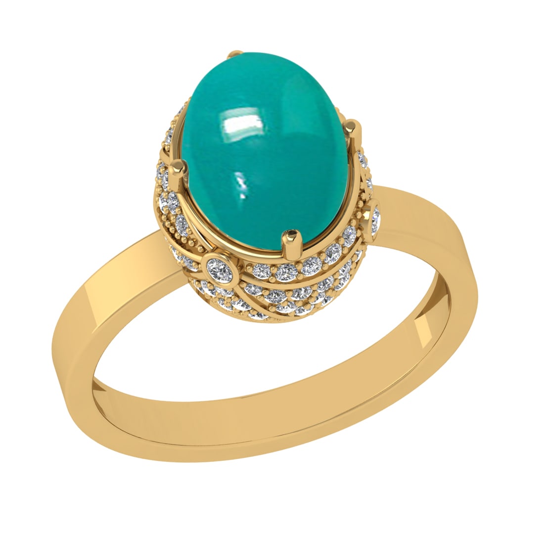 4.13 Ctw VS/SI1 Emerald and Diamond 14K Yellow Gold Engagement Ring: Color Stone Weight : 3.56 Ctw (Oval Cab) Stone Color :- Emerald Center Stone Setting : Prong Side Weight Of Ctw 0.57 Ctw Color : J-K Clarity : VS/SI1 Stone Setting : Prong Metal Weight : Approx 6.30 g