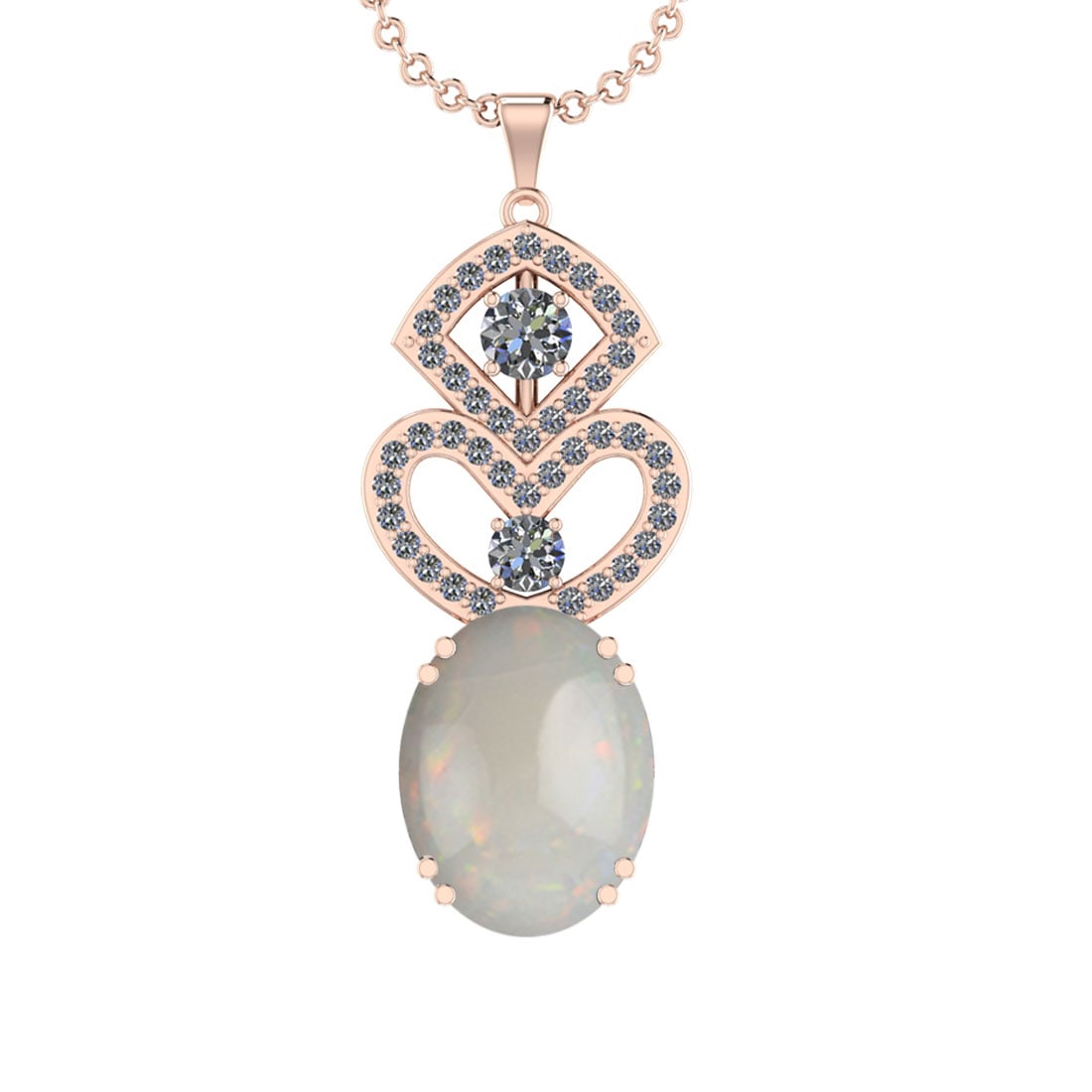 16.28 Ctw SI2/I1 Opal And Diamond 14K Rose Gold Pendant Necklace: Center Stone Weight : 14.50 Ctw ( Oval Cab ) Center Stone Color : Opal Stone Setting : Prong Side Diamond Weight Of Ctw 1.78 Ctw Side Stone Color : J-K Stone Clarity : SI2/I1 Stone Setting : Prong Met