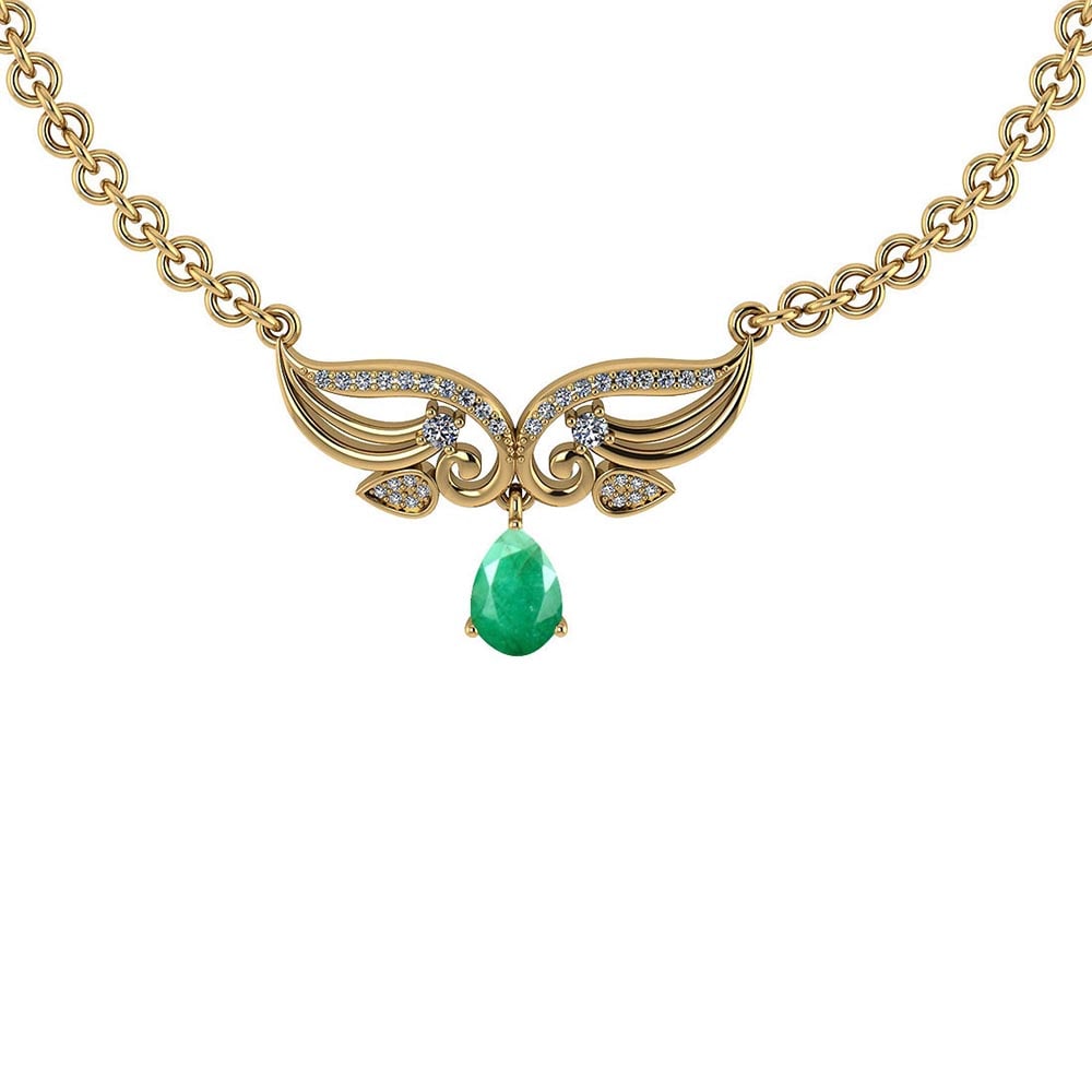 Certified 3.94 Ctw Genuine Emerald And Diamond 14k Yellow Gold Princess Nec: Stone Weight : 3.75 Ctw (7x5 mm 1 Pcs Pear ) Center Stone Color : Emerald Stone Setting ;Prong Diamond Weight (2.mm 2Pcs Round And 1.mm 20 Pcs Round .80mm 12 Pcs Round ) Ctw Of Side Stone .19 Ctw Diam