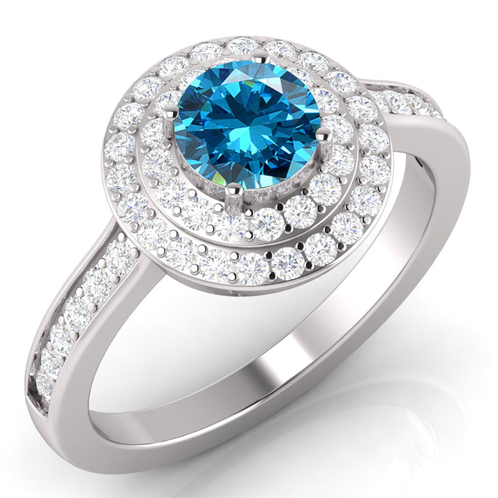 Certified 1.85 CTW Genuine Aquamarine And Diamond 14K White Gold Ring: Center Stone 1.35 CTW Round Center Stone Clarity:SI1-SI2 Center Stone Color: Genuine Aquamarine Stone Setting ;Prong Side Stone Clarity;SI1-SI2 Side Stone Color ; White Diamond G-H Side Stone Setting