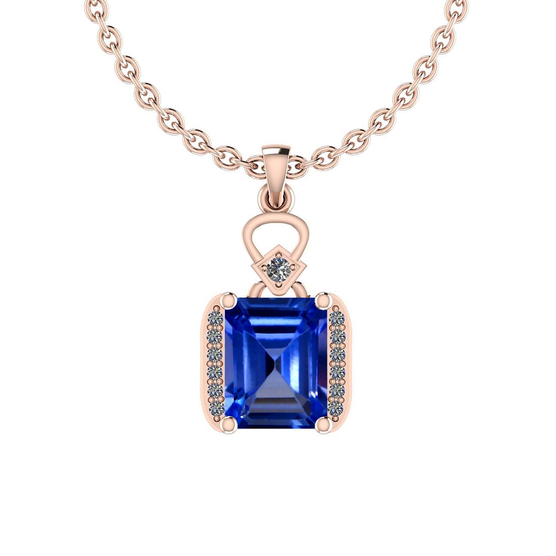 Certified 3.38 Ctw VS/SI1 Tanzanite And Diamond 14K Rose Gold Victorian Sty: Center Stone Approx Weight: 3.23 Ctw (Emerald Octo Cut) Center Stone Color: Tanzanite Center Stone Setting: Prong Side Stone 0.15 Ctw Side Stone Color: J-K Stone Clarity: VS/SI1 Stone Setting: Prong M