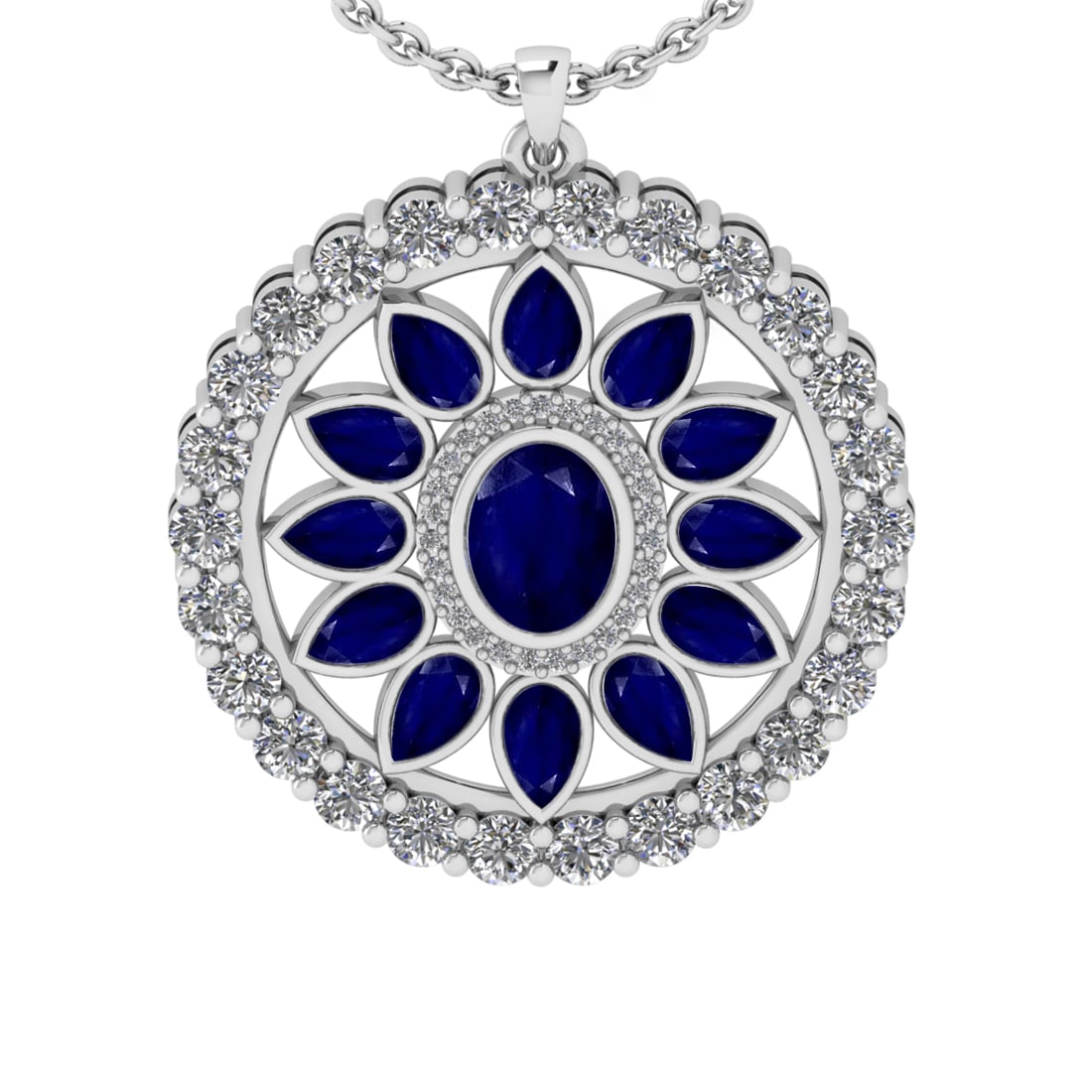 6.95 Ctw SI2/I1 Blue Sapphire and Diamond 14K White Gold Pendant Necklace: Center stone Weight :- 4.25 Ctw ( Oval & Pear Cut) Color :- Blue Sapphire Center Stone Setting : Prong Side Diamond Weight Of Ctw 2.70 Ctw Color : J-K Clarity : SI2/I1 Stone Setting : Prong Metal Weig