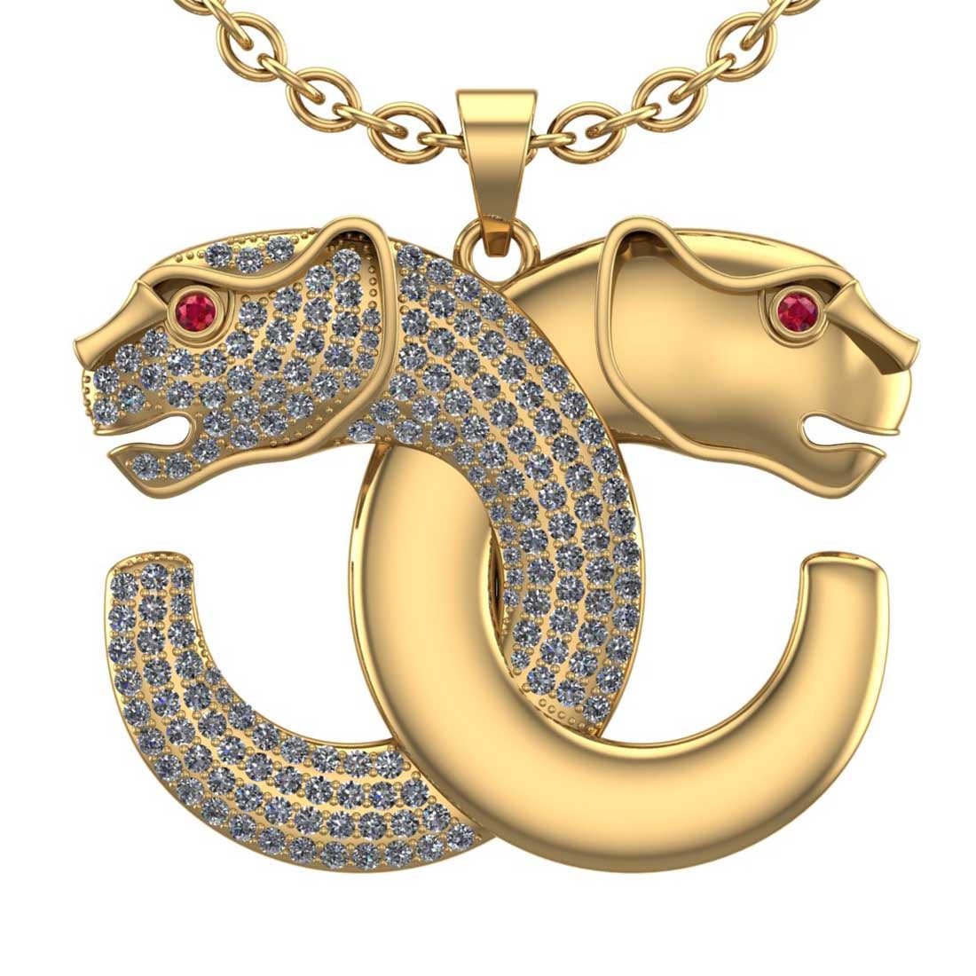 2.28 Ctw SI2/I1 Diamond 18K Yellow Gold Tiger Pendant Necklace: Eye stone weight :0.02 eye stone color :- Ruby Total Diamond Weight : 2.26 Ctw (Round cut) Center Diamond Color :- J -K Center Clarity : SI2/I1 Stone Setting : Prong Metal Weight : Approx 23.50 Gram