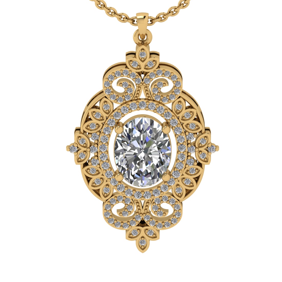 2.37 Ctw SI2/I1 Diamond 14K Yellow Gold Pendant Necklace: Center Diamond Weight :-: 2.00 Ctw ( Oval Cut) Color :- J-K Clarity : SI2/I1 Center Stone Setting : Prong Side Diamond Weight Of Ctw 0.37 Ctw Color : J-K Clarity : SI2/I1 Stone Setting : Prong Metal