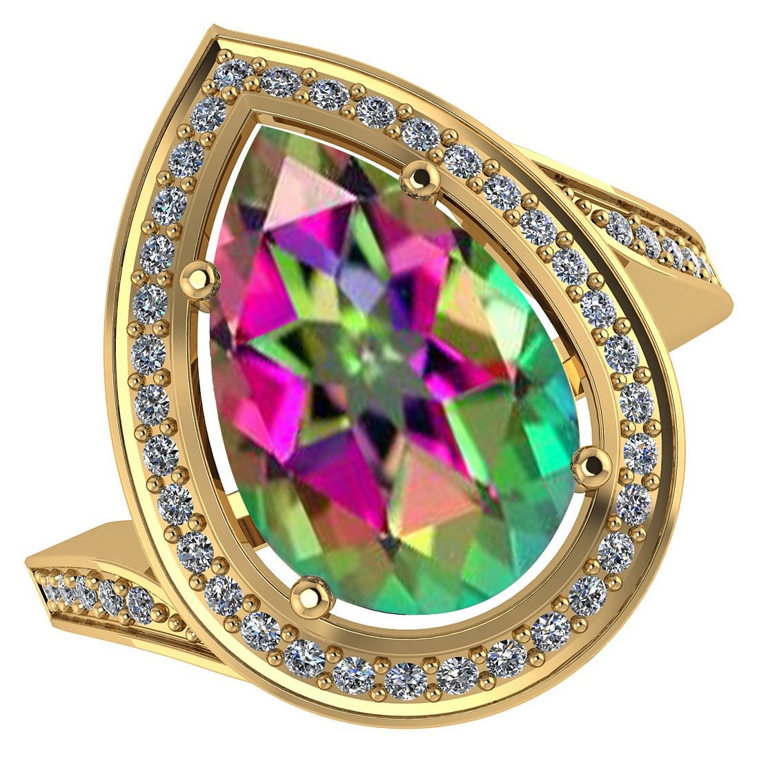 Certified 2.40 CTW Genuine Mystic Topaz And Diamond 14K Yellow Gold Ring: Center Stone 1.94 CTW Pear Center Stone Clarity:SI1-SI2 Center Stone Color: Genuine Mystic Topaz Stone Setting ;Prong Side Stone Clarity;SI1-SI2 Side Stone Color ; White Diamond G-H Side Stone Setting