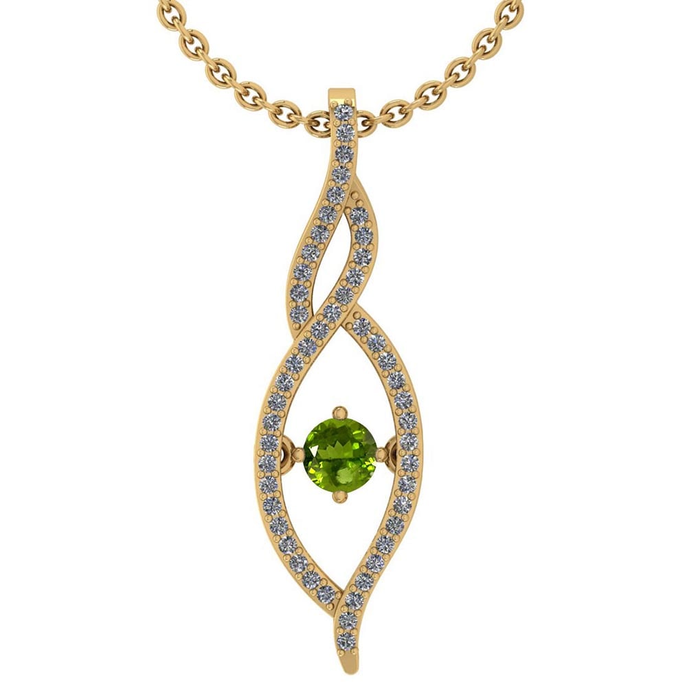 Certified 0.47 Ctw Peridot And Diamond 14k Yellow Gold Pendant VS-SI1: Center Stone Weight ; 0.23 Ctw ( 1 Pec Round) Center Stone Color : Peridot Center Stone Setting ; Prong Side Stone ( 1.mm 49 Round Cut Diamond ) 0.24 ctw Side Stone Color : White G-H Diamond Side Ston