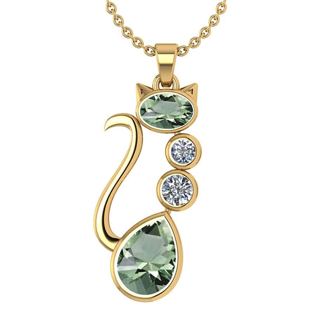 Certified 2.67 Ctw Green Amethyst And Diamond Cat Necklace 18K Yellow Gold: Center Stone Approx Weight ; 2.50 Ctw (1Pcs Oval And 1 Pcs Pear) Center Stone Color: Green Amethyst Center Stone Setting: Bezel Side Stone Weight: 0.17 Ctw (2 Pcs Round Cut Diamond) Side Stone Color: