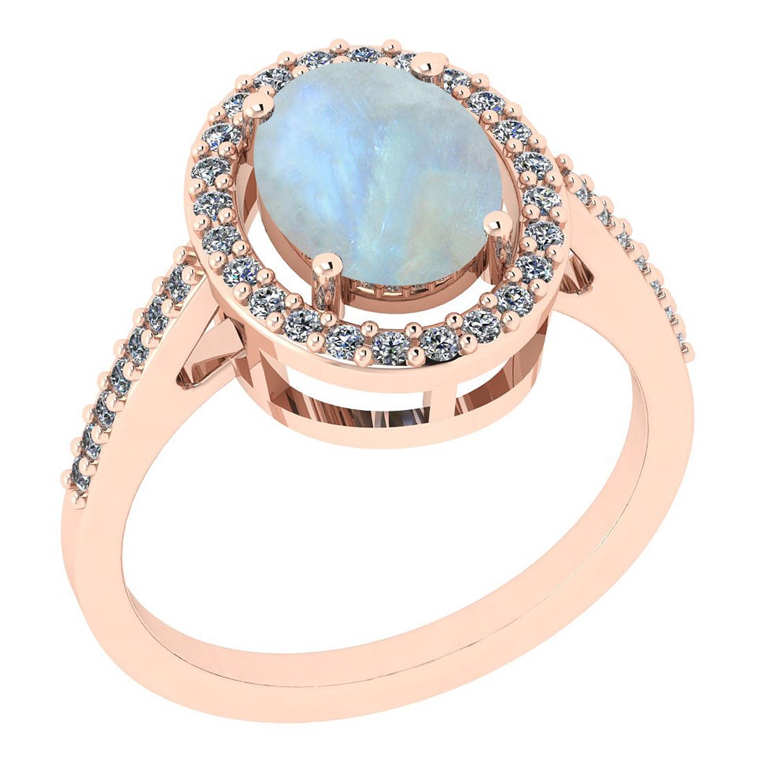 Certified 1.45 Ctw Rainbow And Diamond I1/I2 14K Rose Gold Victorian Style: Color Stone Approx Weight: 1.15 Ctw (1 pcs Oval Cabochon) Center Stone Color: Rainbow Center Stone Setting: Prong Side Stone Approx Weight: 0.30 Ctw Side Stone Color: J-K Stone Clarity: I1/I2 Stone Se