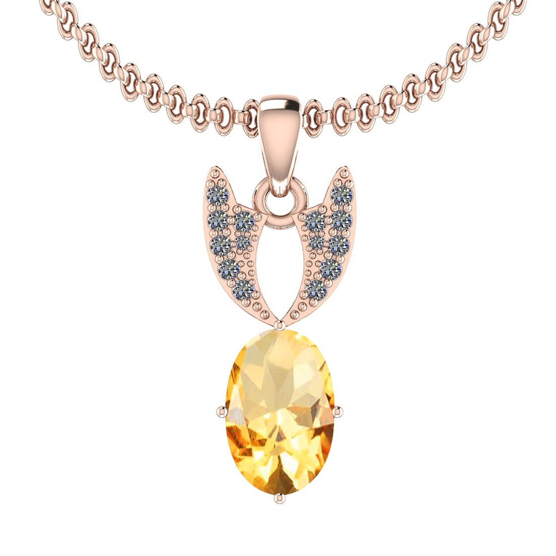 Certified 4.05 Ctw Yellow Topaz And Diamond I2/I3 14K Rose Gold Pendant: Center Stone Approx Weight: 3.87 Ctw (Oval Cut) Center Stone Color: Yellow Topaz Center Stone Setting: Prong Side Stone 0.18 Ctw Side Stone Color: J-K Stone Clarity: I2/I3 Stone Setting: Prong Metal A