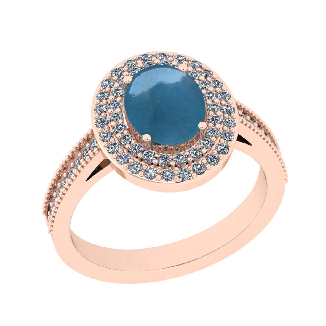 2.25 Ctw SI2/I1 Aquamarine And Diamond 14K Rose Gold Engagement Ring: Color Stone Weight : 1.77 Ctw (Oval Cabochon ) Center Stone Color : Aquamarine Center Stone Setting : Prong Side Stone Weight Of Ctw 0.48 Ctw Side Stone Color : J-K Stone Clarity : SI2/I1 Stone Settin