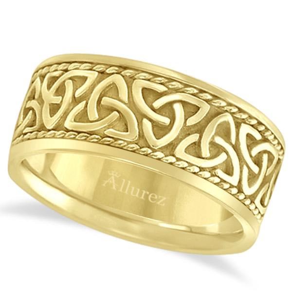 Mens Hand Made Celtic Irish Wedding Ring 14k Yellow Gold 10mm (1 of 1)