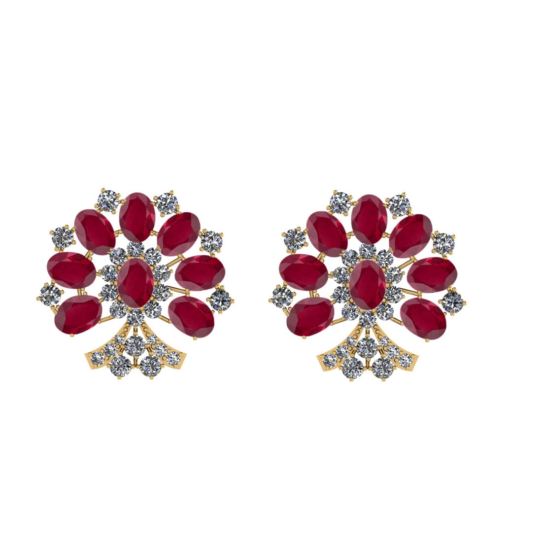 15.48 Ctw SI2/I1 Ruby And Diamond 14K Yellow Gold Earrings: Center Stone Weight : 12.00 Ctw ( Oval Cut ) Center Stone Color : Ruby Center Stone Setting : Prong Side Stone Weight Of Ctw 3.48 Ctw Side Stone Color : White J-K Diamond Stone Clarity : SI2/I1 Stone