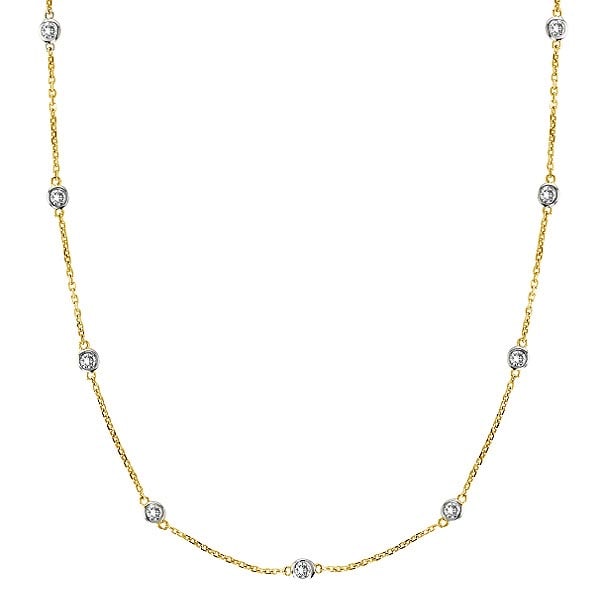 Station Bezel-Set Necklace in 14k Two Tone Gold 1.00ctw: CENTER STONE; Diamond CENTER STONE CLARITY; SI1-SI2 CENTER STONE COLOR; J-K CENTER STONE SETTING; Bezel SIDE STONE CLARITY; SIDE STONE COLOR; SIDE STONE SETTING; ctw OF SIDE STONE: SIDE STONE QUALITY;