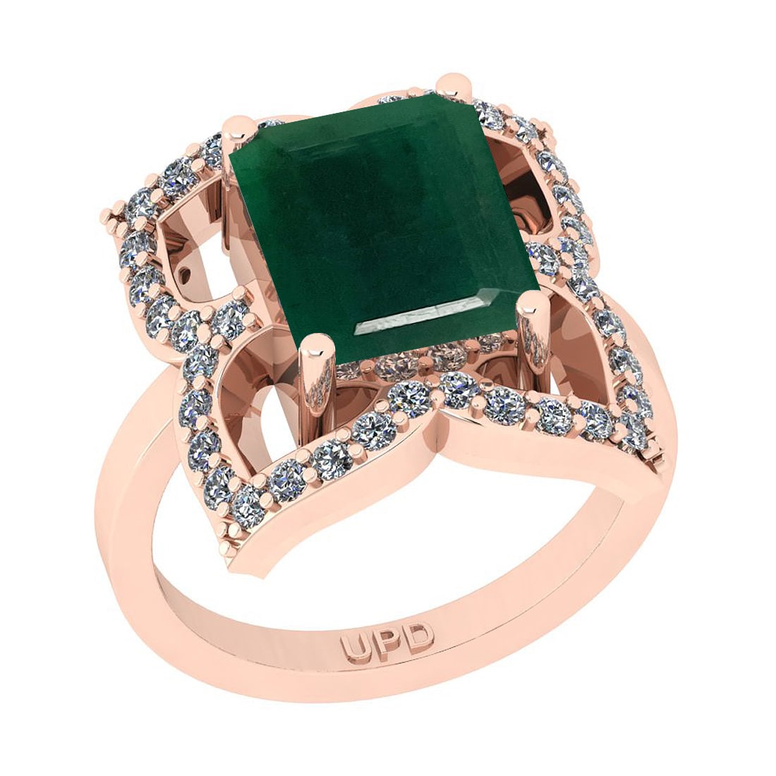 5.84 Ctw SI2/I1 Emerald And Diamond 14K Rose Gold Vintage Style Wedding Rin: Center Stone Weight : 5.31 Ctw ( Emerald Cut) Center Stone Color :-Emerald Stone Setting : Prong Side Stone Weight Of Ctw 0.51 Ctw Side Stone Color : J-K Stone Clarity : SI2/I1 Stone Setting : Prong M