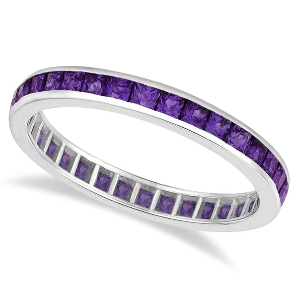 Princess-Cut Amethyst Eternity Ring Band 14k White Gold 1.36ctw: CENTER STONE; Amethyst CENTER STONE CLARITY; CENTER STONE COLOR; Purple CENTER STONE SETTING; Channel SIDE STONE CLARITY; SIDE STONE COLOR; SIDE STONE SETTING; ctw OF SIDE STONE: SIDE STONE QUALITY; #