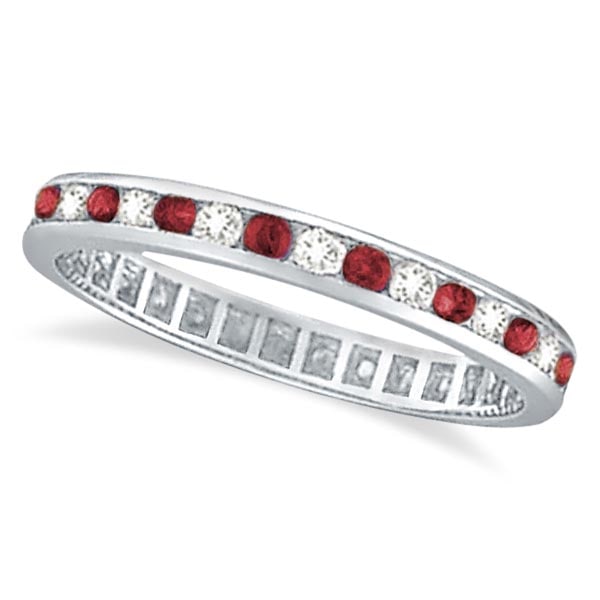 Garnet and Diamond Channel-Set Ring Eternity Band 14k White Gold 1.04ctw: CENTER STONE; Diamond CENTER STONE CLARITY; SI CENTER STONE COLOR; J-K CENTER STONE SETTING; Channel SIDE STONE CLARITY; SIDE STONE COLOR; SIDE STONE SETTING; Channel ctw OF SIDE STONE: 0.54 SIDE STON