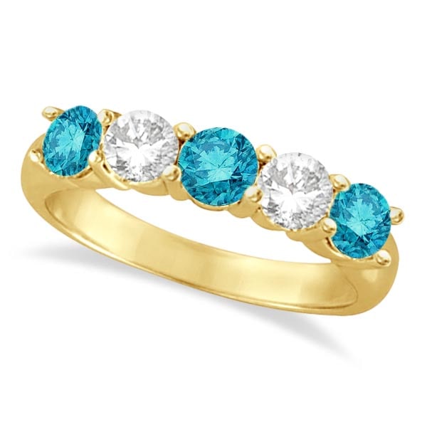 Five Stone White and Blue Diamond Ring 14k Yellow Gold 1.50ctw: CENTER STONE; Diamond CENTER STONE CLARITY; SI CENTER STONE COLOR; J-K CENTER STONE SETTING; Prong SIDE STONE CLARITY; SIDE STONE COLOR; SIDE STONE SETTING; ctw OF SIDE STONE: SIDE STONE QUALITY; #PAP