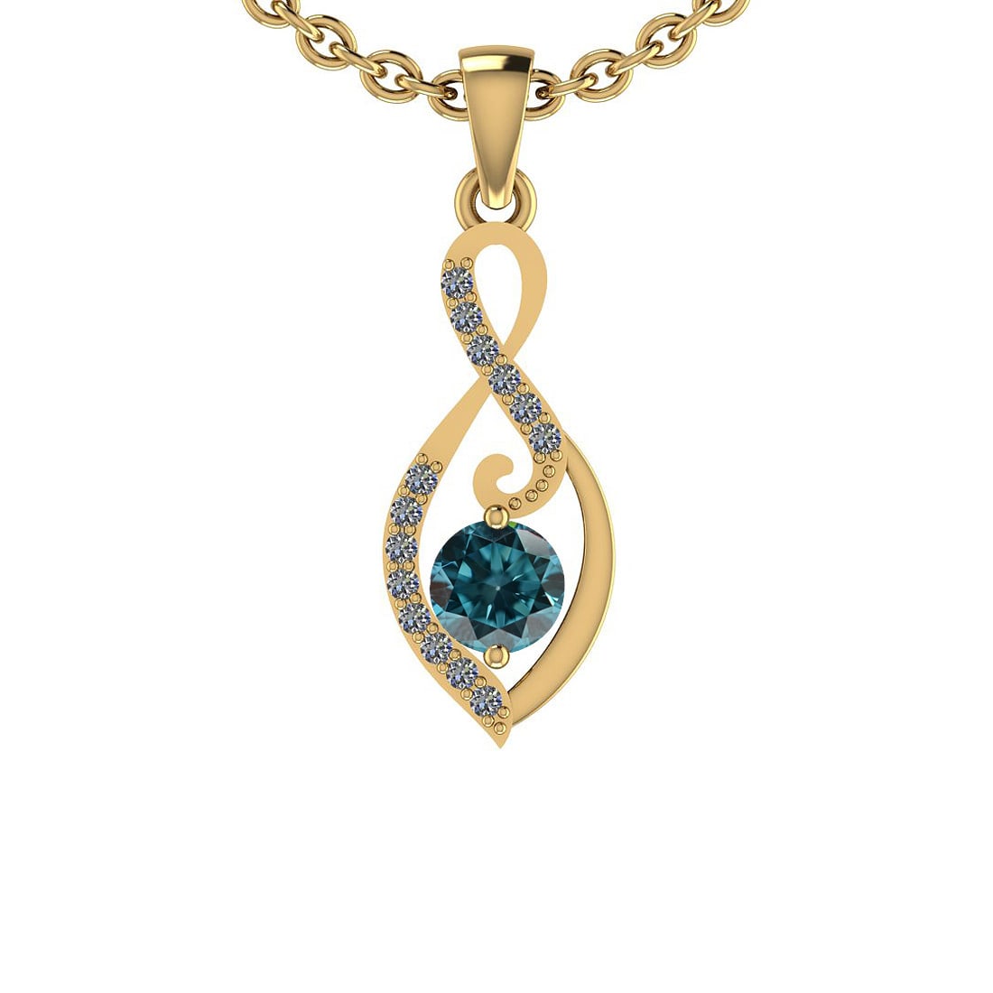 0.60 Ctw i2/i3 Treated Fancy Blue And White Dimaond 14K Yellow Gold Pendant: Center Diamond Weight : 0.49 Ctw ( Round cut) Center Diamond Color : Treated Fancy Blue Dimaond Center Clarity : i2/i3 Center Stone Setting : Prong Side Stone Weight Of Ctw 0.11 Ctw Side Stone Color :