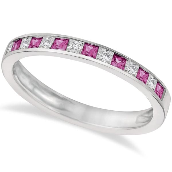 Princess Cut Diamond and Pink Sapphire Ring Band 14k White Gold 1.60ctw: CENTER STONE; Diamond CENTER STONE CLARITY; SI CENTER STONE COLOR; J-K CENTER STONE SETTING; Channel SIDE STONE CLARITY; SIDE STONE COLOR; Pink SIDE STONE SETTING; Channel ctw OF SIDE STONE: SIDE STON