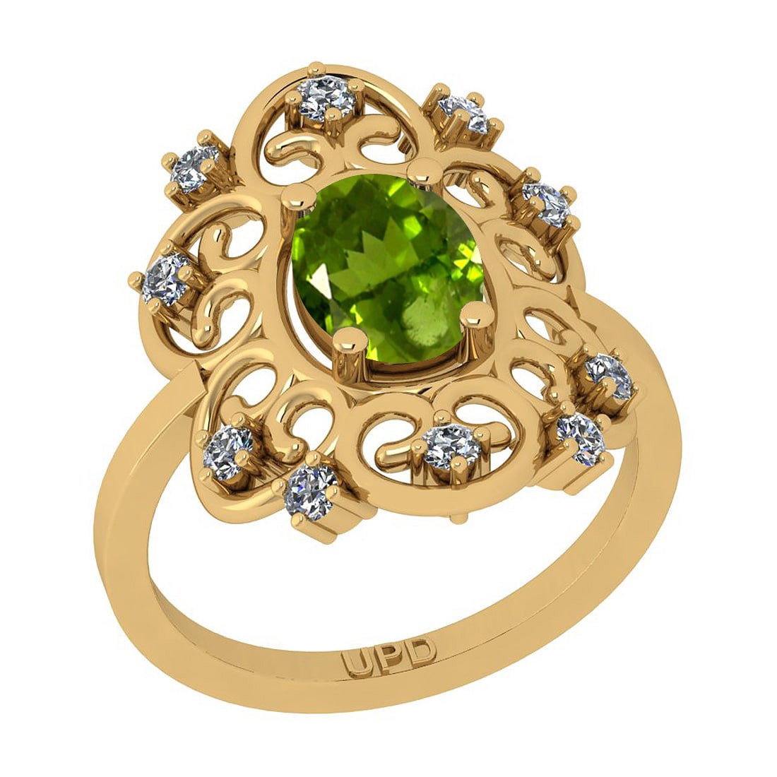 1.10 Ctw I2/I3 Peridot And Diamond 10K Yellow Gold Ring: Color Stone Weight : 0.75 Ctw (Oval Cut ) Center Stone Color : Peridot Center Stone Setting : Prong Side Stone Weight Of Ctw 0.35 Ctw Side Stone Color : G-H Stone Clarity : I2/I3 Stone Setting : Prong
