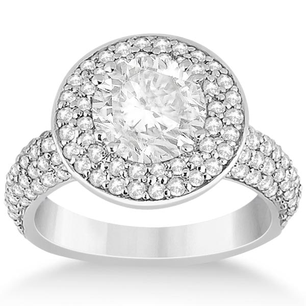 Pave Diamond Double Halo Engagement Ring 18k White Gold 2.09ctw: CENTER STONE; DIAMOND (1.00 CTW) CENTER STONE CLARITY; SI1-SI2 CENTER STONE COLOR; J-K CENTER STONE SETTING; SIDE STONE CLARITY; SI1-SI2 SIDE STONE COLOR; GH SIDE STONE SETTING; Pave ctw OF SIDE STONE