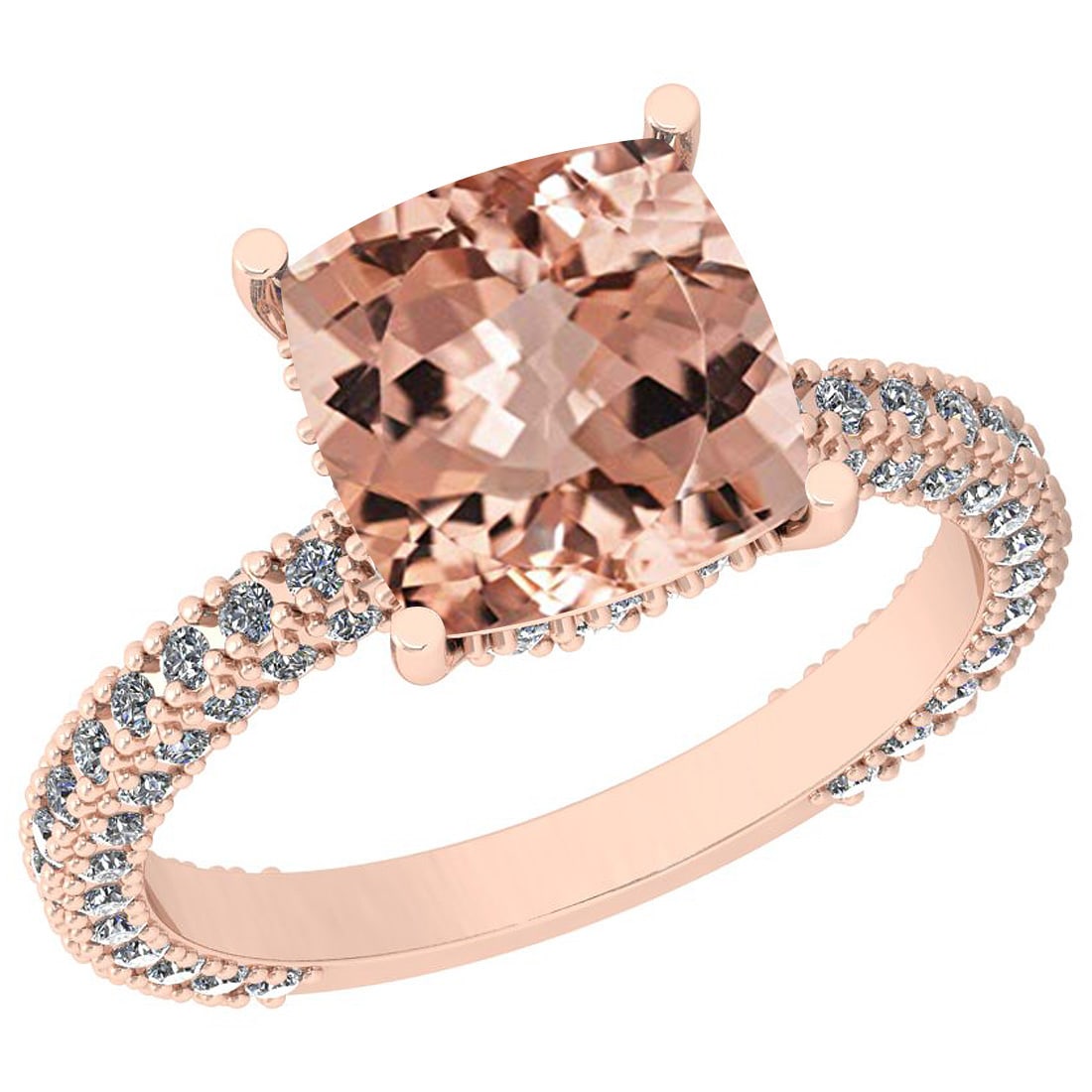 3.76 Ctw SI2/I1 Morganite And Diamond 14K Rose Gold Vintage Style Ring: Center Stone Weight : 3.00 Ctw ( Cushion Cut ) Center Stone Color :-Morganite Center Stone Setting : Prong Side Stone Weight Of Ctw 0.76 Ctw Side Stone Color : H-I Stone Clarity : SI2/I1 Stone Setting