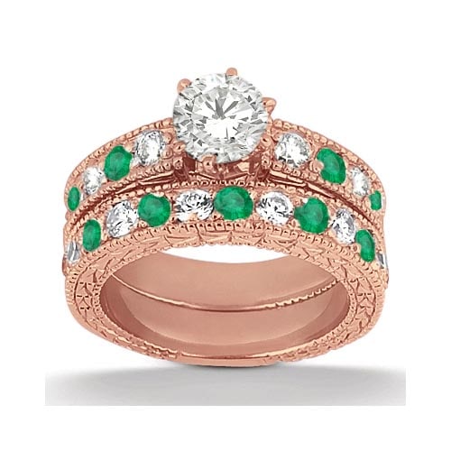 Antique style Diamond and Emerald Bridal Set 18k Rose Gold 1.75ctw: CENTER STONE 0.70 ctw; Emerald,Diamond CENTER STONE CLARITY; Eye Clean#SI1-SI2 CENTER STONE COLOR; ,J-K CENTER STONE SETTING; Pave,Pave SIDE STONE CLARITY; SIDE STONE COLOR; SIDE STONE SETTING; 0.50 c