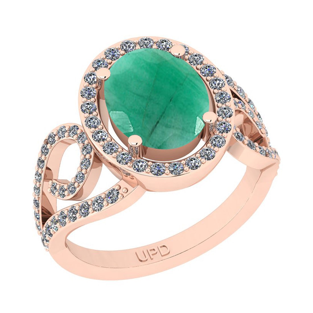 2.90 Ctw SI2/I1 Emerald And Diamond 14K Rose Gold Ring: Center Stone Weight : 2.50 Ctw ( Oval Cut) Center Stone Color :-Emerald Stone Setting : Prong Side Stone Weight Of Ctw 0.40 Ctw Side Stone Color : J-K Stone Clarity : SI2/I1 Stone Setting : Prong Meta