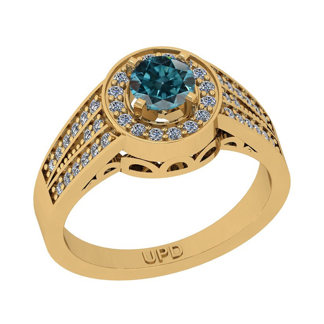 0.85 Ctw I2/I3 Treated Fancy Blue And White Diamond 10K Yellow Gold Engagem: Center Stone Weight : 0.50 Ctw (Round Cut ) Center Stone Color : Treated Fancy Blue Diamond Center Stone Clarity : I2/I3 Center Stone Setting : Prong Side Stone Weight Of Ctw 0.35 Ctw Side Stone Color