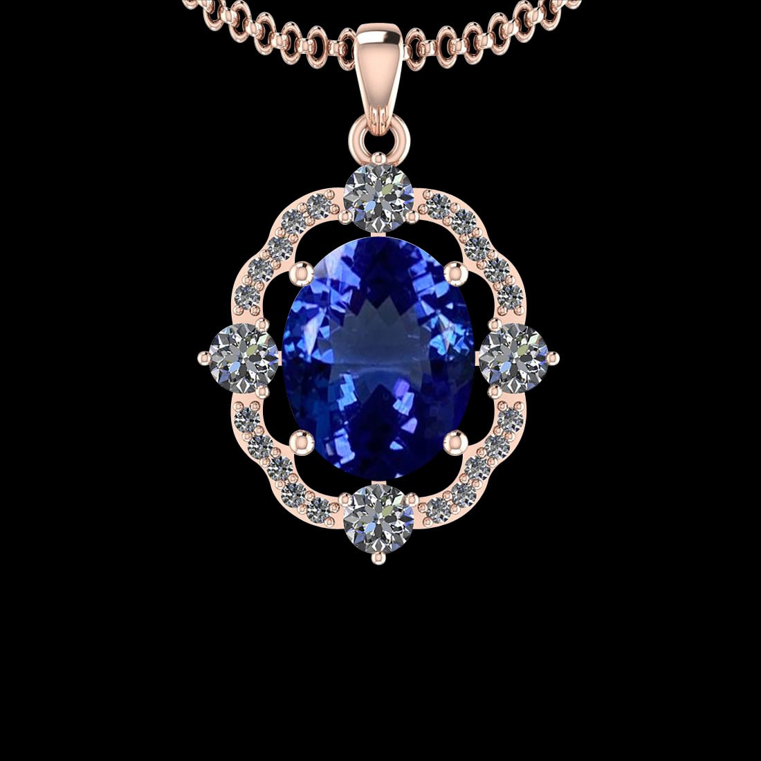 5.85 Ctw VS/SI1 Tanzanite And Diamond 10K Rose Gold Vintage Style Pendant: Color Stone Weight : 4.97 Ctw (1 Psc Oval ) Center Stone Color : Tanzanite Center Stone Setting : Prong Side Stone Weight Of Ctw 0.88 Ctw Side Stone Color : G-H Stone Clarity : VS/SI1 Stone Setting :