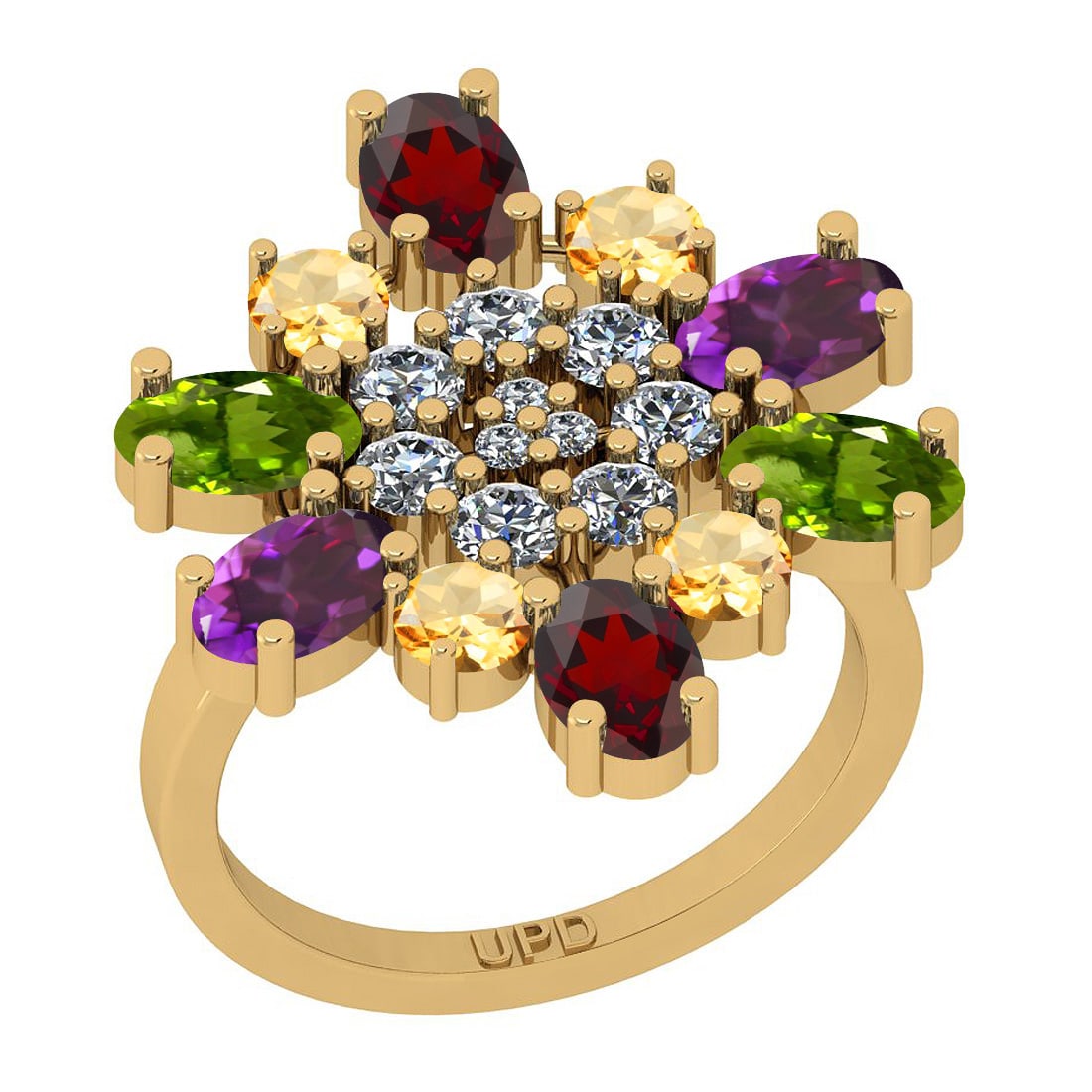4.03 Ctw I2/I3 Multi Stone And Diamond 10K Yellow Gold Cocktail Engagement: Multi Stone Weight : 3.40 Ctw ( Oval & Round Cut) Multi Stone Color :-Amethyst,Garnet,Peridot,Citrine Multi Stone Setting : Prong Side Stone Weight Of Ctw 0.63 Ctw Side Stone Color : J-K Stone Clarity