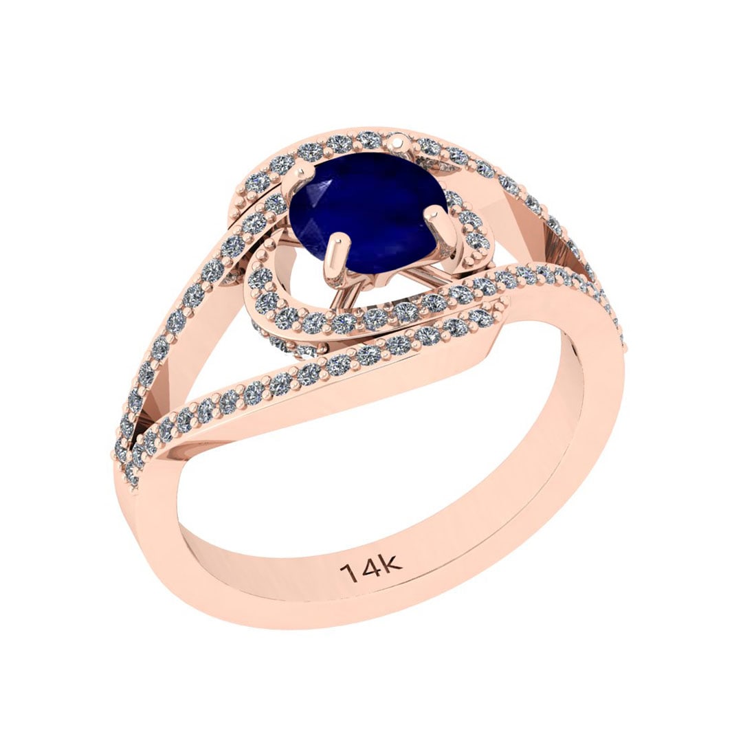 1.41 Ctw I2/I3 Blue Sapphire And Diamond 14k Rose Gold Ring: Center Stone Weight ; 1.00 Ctw ( 1 Pec Round) Center Stone Color : Blue Sapphire Center Stone Setting ; Prong Side Diamond Weight of Ctw ; 0.41 ctw Side Diamond Color : J-K Side Stone Setting: Prong S