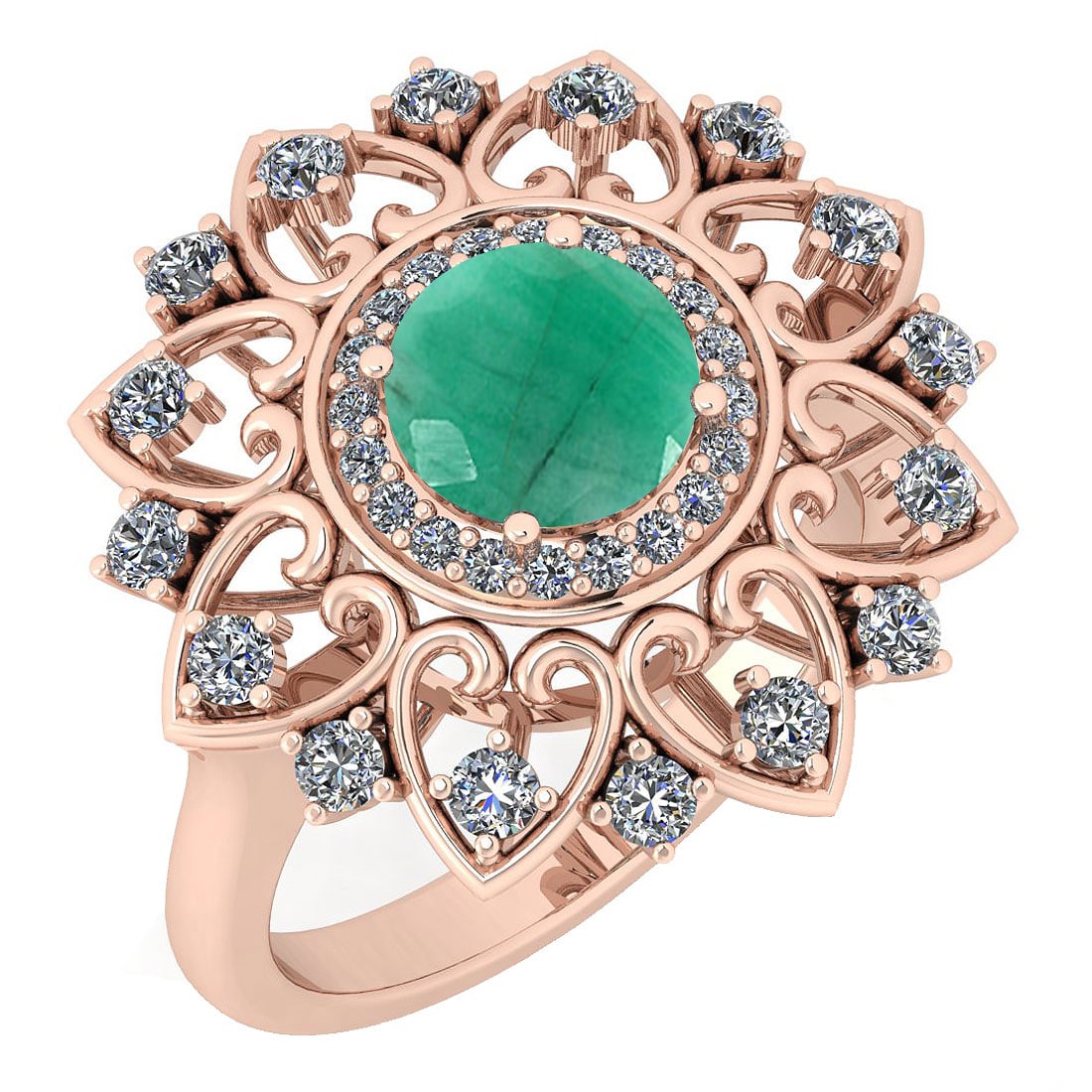 1.89 Ctw I2/I3 Emerald And Diamond 14K Rose Gold Antique Style Wedding Ring: Center Stone Weight ; 1.25 Ctw ( Round Cut ) Stone Color :Emerald Color Stone Setting ; Prong Side Stone Weight of Ctw ; 0.64 ctw Side Stone Color : J-K Side Stone Setting: Prong Side Stone Clarity :
