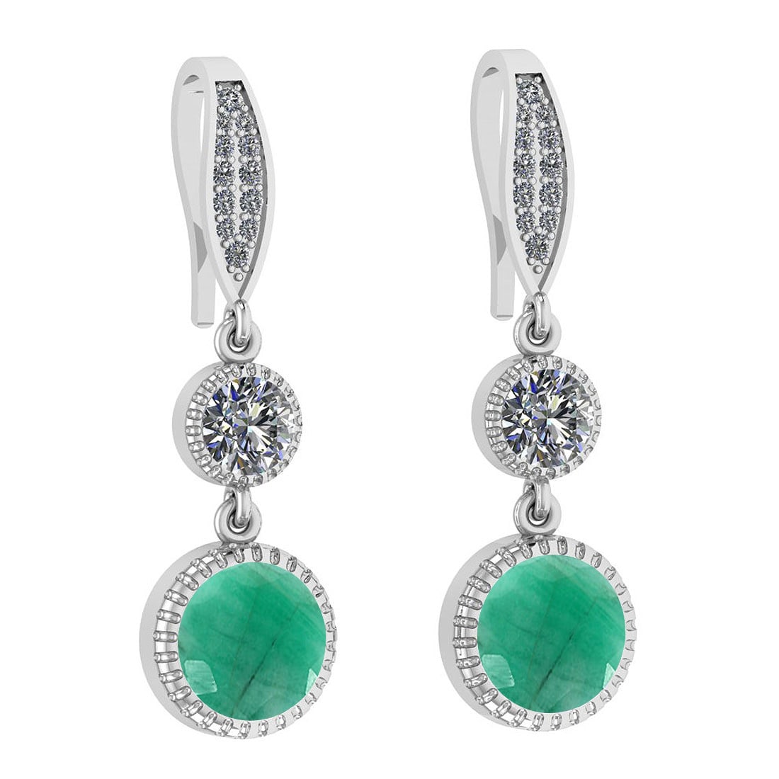 4.70 Ctw I2/I3 Emerald And Diamond 14K White Gold Earrings: Center Stone Weight ; 4.00 Ctw (4 Psc Round ) Stone Color :Emerald Color Stone Setting ; Bezel Side Stone Weight of Ctw ; 0.70 ctw Side Stone Color : J-K Side Stone Setting: Prong Side Stone Clarity :