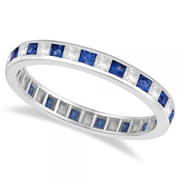 Princess-Cut Sapphire and Diamond Eternity Ring 14k White Gold 1.26ctw: CENTER STONE; Sapphire CENTER STONE CLARITY; CENTER STONE COLOR; Blue CENTER STONE SETTING; Channel SIDE STONE CLARITY; SI SIDE STONE COLOR; J-K SIDE STONE SETTING; Channel ctw OF SIDE STONE: 0.58 SID