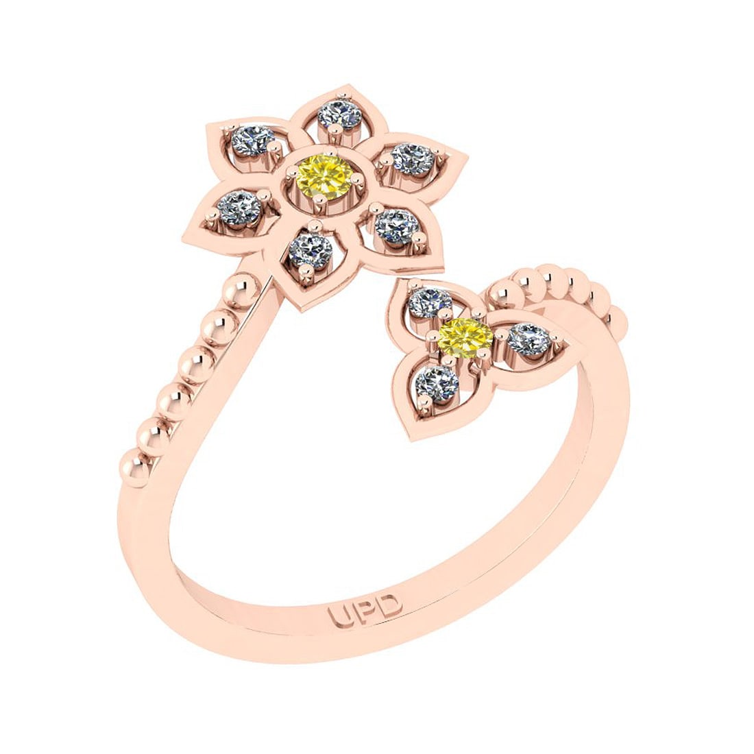 0.30 Ctw i2/i3 Treated Fancy Yellow and White Diamond 14K Rose Gold Flower: Color Stone Weight : 0.07 Ctw ( Round cut) Center Stone Color : Treated Fancy Yellow Diamond Center Clarity : i2/i3 Center Stone Setting : Prong Side Stone Weight Of Ctw 0.23 Ctw Side Stone Color : J-