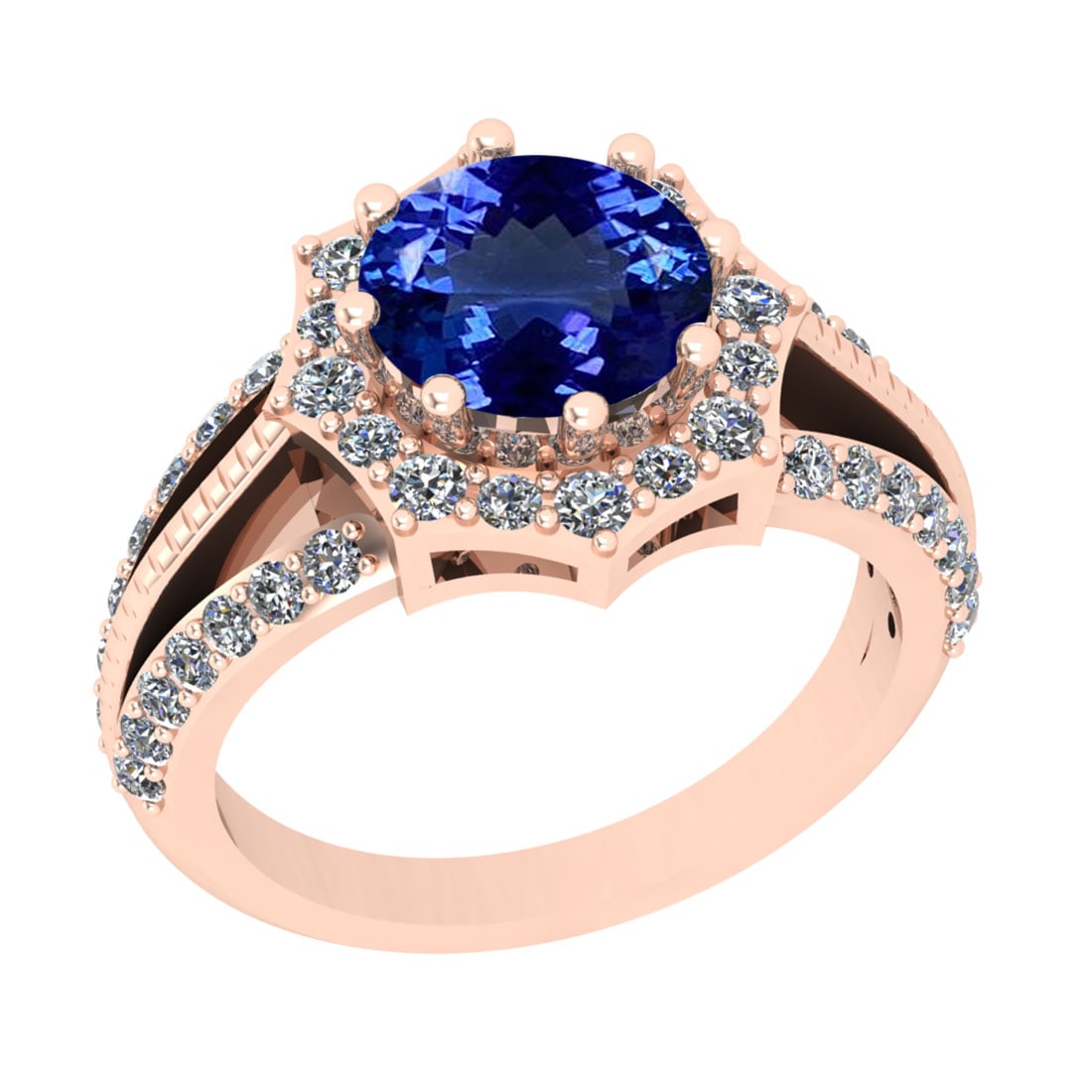 2.70 Ctw SI2/I1 Tanzanite And Diamond 14K Rose Gold Vintage Style Engagemen: Color Stone Weight : 2.00 Ctw (Round Cut ) Center Stone Color : Tanzanite Center Stone Setting : Prong Side Stone Weight Of Ctw 0.70 Ctw Side Stone Color : J-K Stone Clarity : SI2/I1 Stone Setting : P