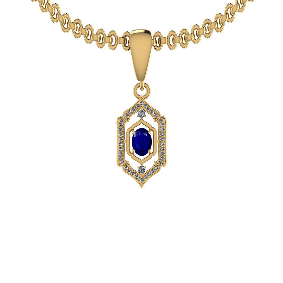 1.45 Ctw SI2/I1 Blue Sapphire And Diamond 14K Yellow Gold Necklace: Center Stone Weight : 1.25 Ctw (Oval cut) Center Stone Color :-Blue Sapphire Stone Setting : Prong Side Stone Weight Of Ctw 0.20 Ctw Side Stone Color : J-K Stone Clarity : SI2/I1 Stone Setting : Prong