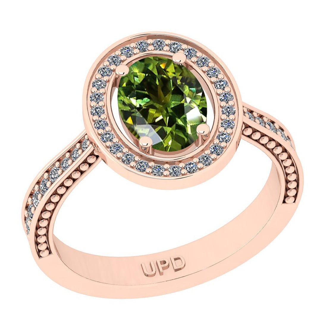 0.95 Ctw I2/I3 Green Sapphire And Diamond 10K Rose Gold Engagement Ring: Center Stone Weight : 0.75 Ctw ( Oval Cut) Center Stone Color :-Green Sapphire Stone Setting : Prong Side Stone Weight Of Ctw 0.20 Ctw Side Stone Color : J-K Stone Clarity : I2/I3 Stone Setting : Pron