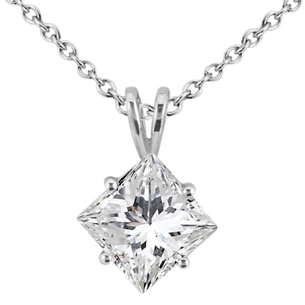 1.00ct. Princess-Cut Diamond Solitaire Pendant in 18k White Gold (H, VS2): METAL TYPE: 18k White Gold ;TOTAL CARAT WEIGHT: 1 ;NAME OF CENTER STONE: Diamond ;CENTER STONE SHAPE: Princess ;CENTER STONE CLARITY: VS2 ;CENTER STONE COLOR: H ;CENTER STONE SETTING: Prong ;CENTER ST