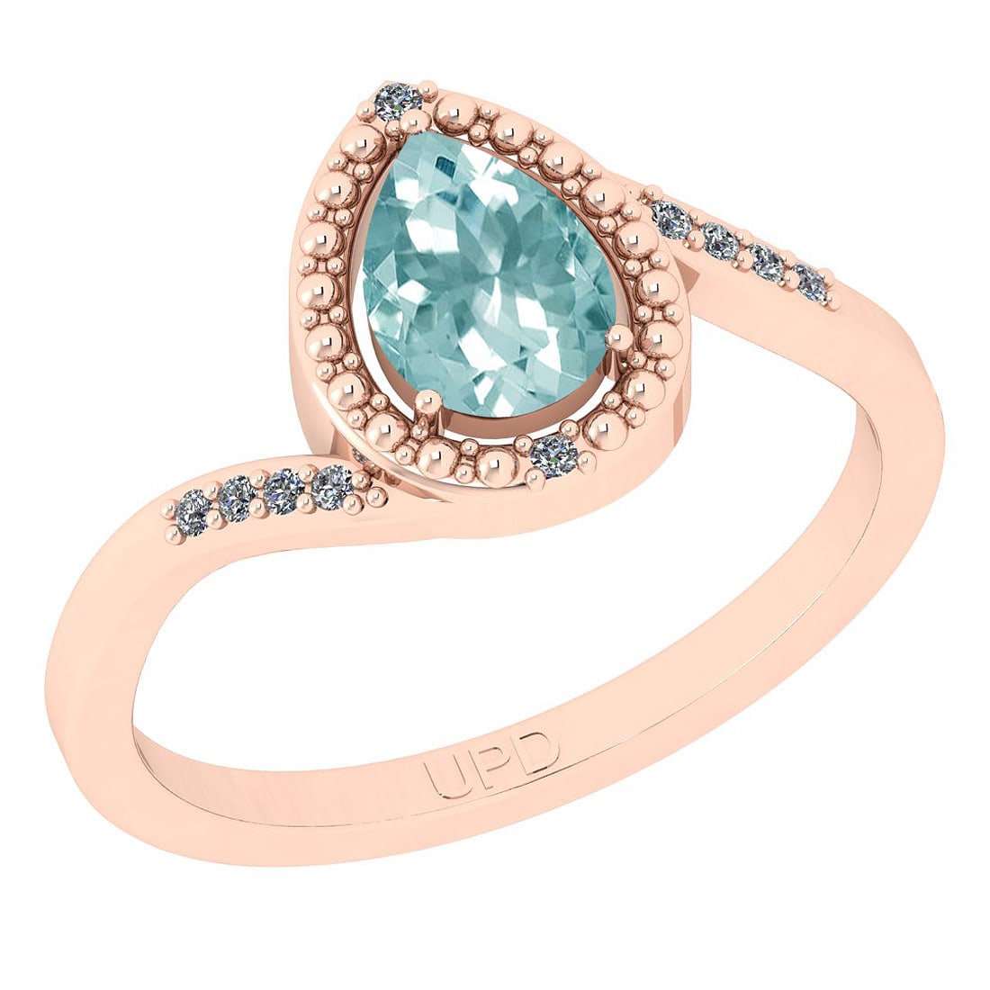 0.65 Ctw SI2/I1 Aquamarine And Diamond 14K Rose Gold Ring: Center Stone Weight : 0.60 Ctw (Pear Cut) Center Stone Color :-Aquamarine Center Stone Setting : Prong Side Stone Weight Of Ctw 0.05 Ctw Side Stone Color : J-K Stone Clarity : SI2/I1 Stone Setting : P